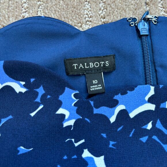 Talbots Floral Shift Dress Women's 10 Navy Blue Scalp Neckline 3/4 Sleeve Crepe - Picture 4 of 9